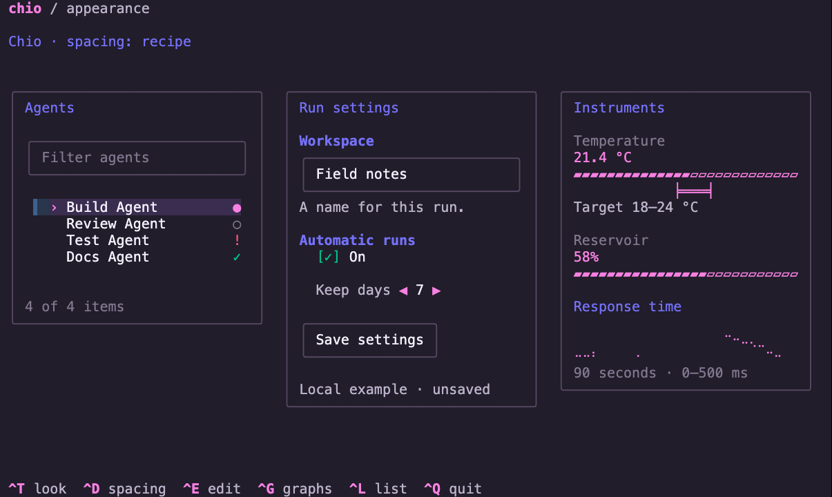 Chio treatment of the same local list, editable form and instruments, in a 100-column by 30-row terminal.