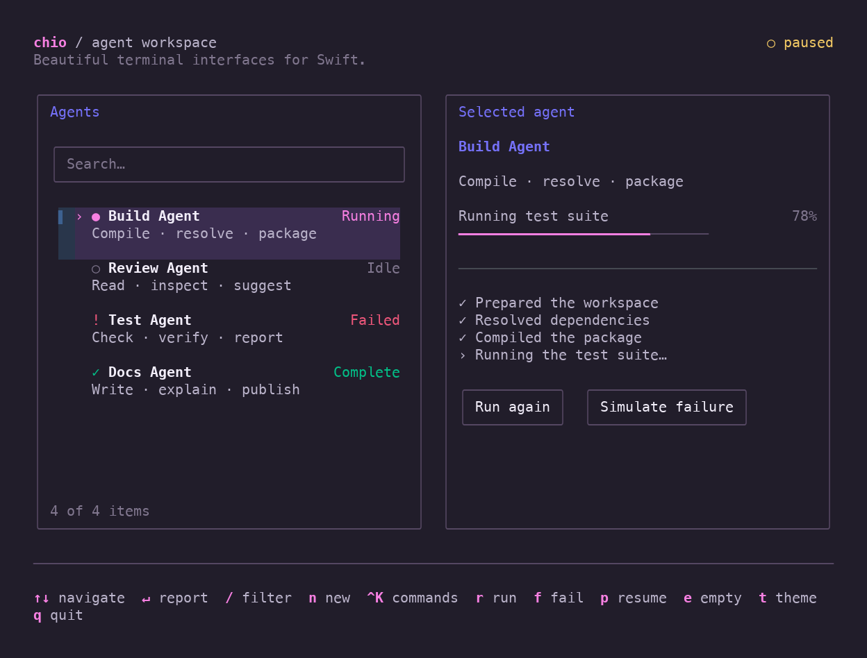 A dark terminal dashboard with four agents, a selected Build Agent, progress, and keyboard hints.