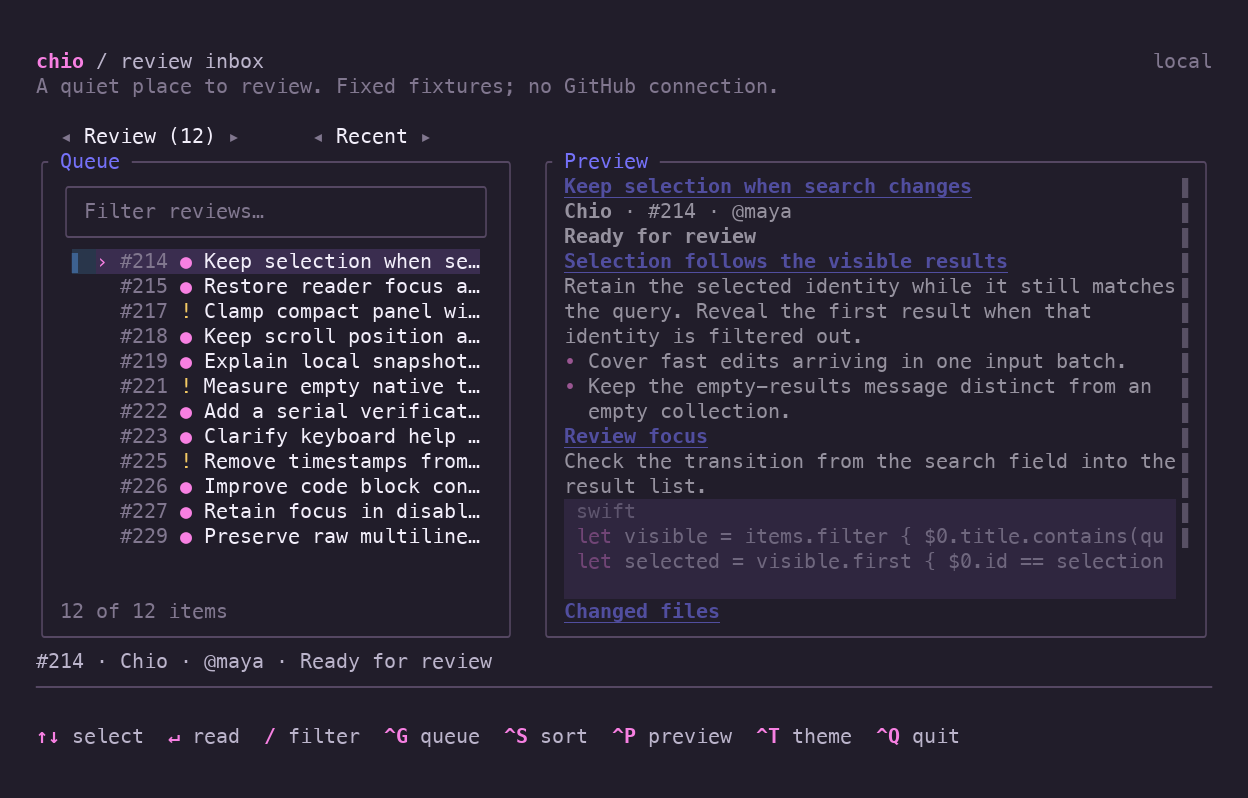 A dense review queue beside a Markdown preview, with search, queue and sort controls, selected review metadata, and keyboard hints.