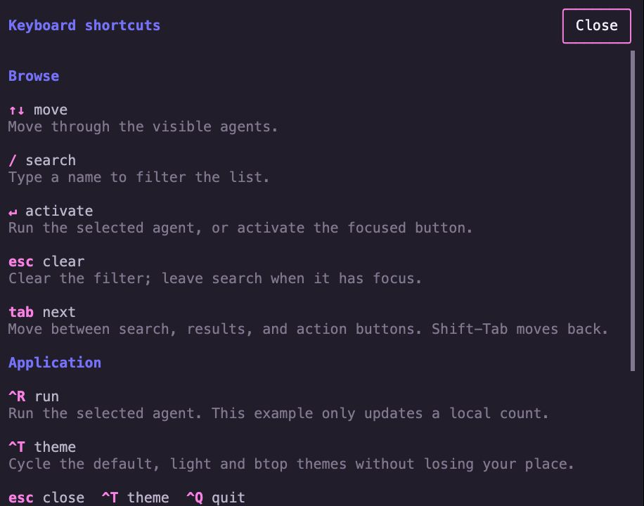 Grouped keyboard shortcuts with a native scrolling reference and compact footer hints.