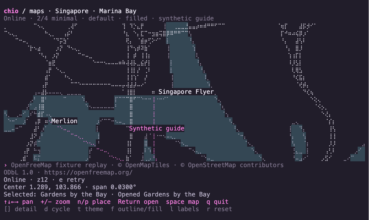 OpenFreeMap street vectors around Singapore, replayed from local XYZ tile fixtures, with location markers, an authored route and minimal visual detail.