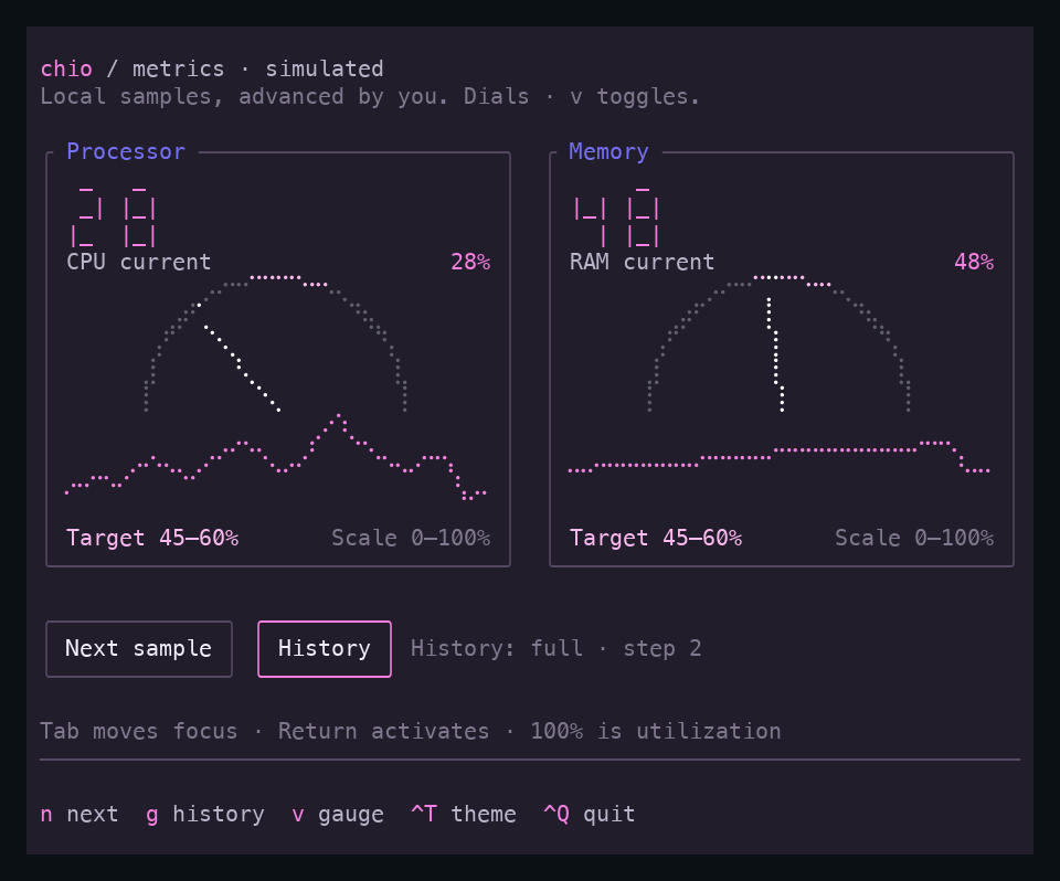 Dark instrumentation panels with border titles, segmented numeric readouts, measurement gauges, single-series history graphs, and native Next sample and History buttons.