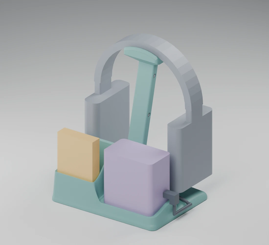 CAD render of the sage Perch dock holding a lavender player envelope, cream card stack and grey headphone envelope