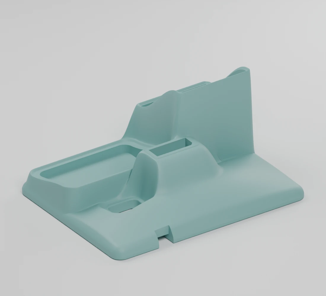 Rear CAD view showing the base’s stand socket and shared cable passage