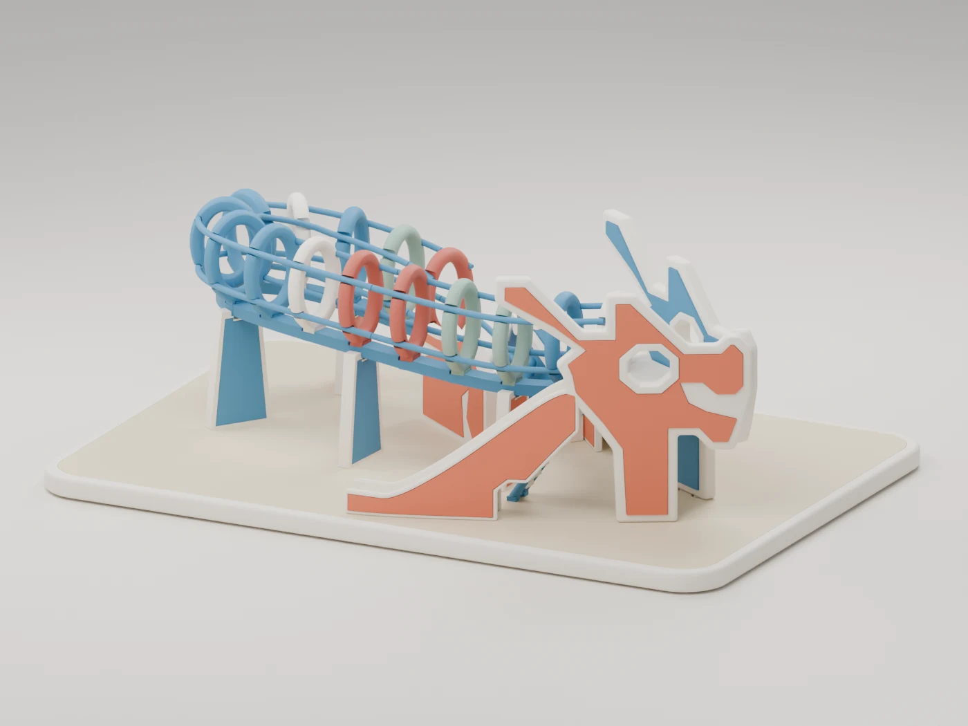 Actual CAD render of the miniature dragon playground with an orange dragon head and slide, blue rails and a curved body of colourful hoops