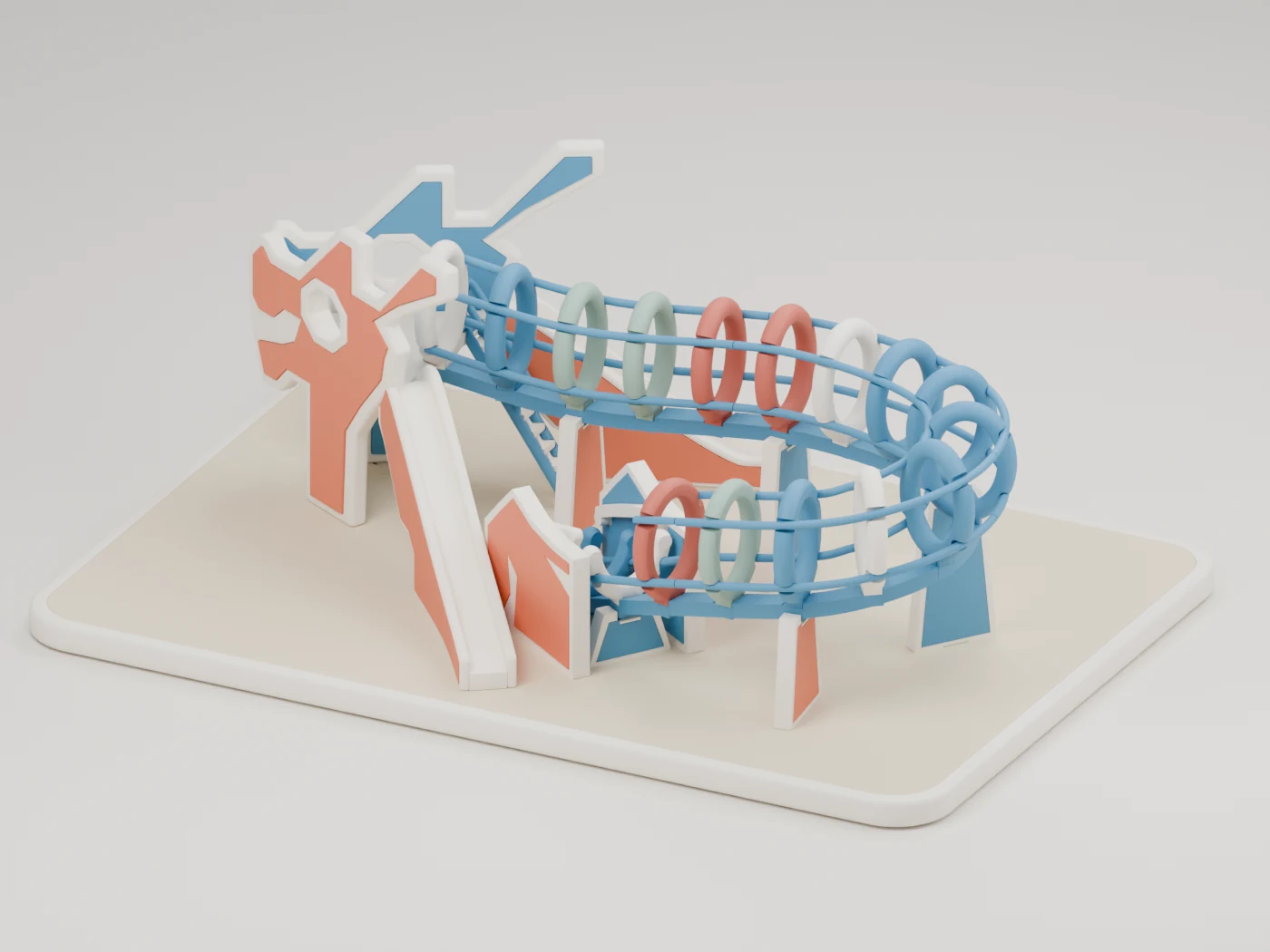 Opposite CAD view of the assembled model showing its dragon head, slides, piers and curling hoop walkway