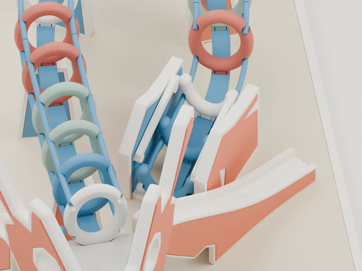 CAD close-up showing the colourful closed hoops, open tail rungs, rails and slide