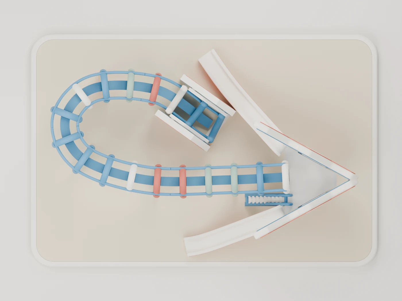 Top-down CAD view showing the blue walkway curling around the base between the dragon head, two slides and tail